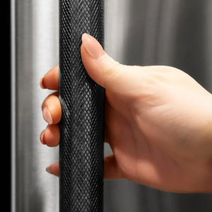 ZLINE 30 in. Built-In Refrigerator Helix Handles (Set of 2) in Black Stainless Steel (RBIVHZ-K-BS-30) on appliance showing diamond knurled details.