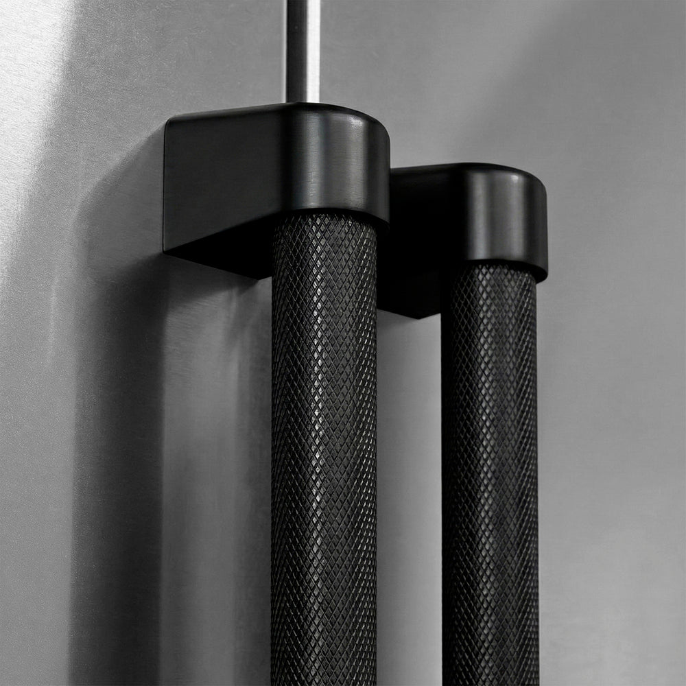 ZLINE 36 in. Built-In Refrigerator Helix Handles (Set of 3) in Black Stainless Steel (RBIVHZ-K-BS-36) on appliance showing diamond knurled details.