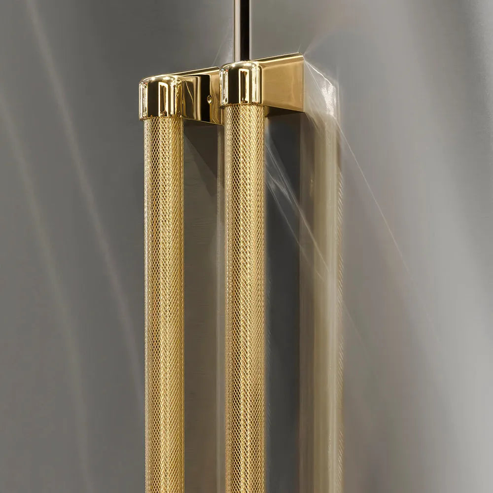 ZLINE Autograph Edition 36 in. Built-In Refrigerator Helix Handles (Set of 3) in Polished Gold (RBIVHZ-K-G-36) on appliance showing diamond knurled details.