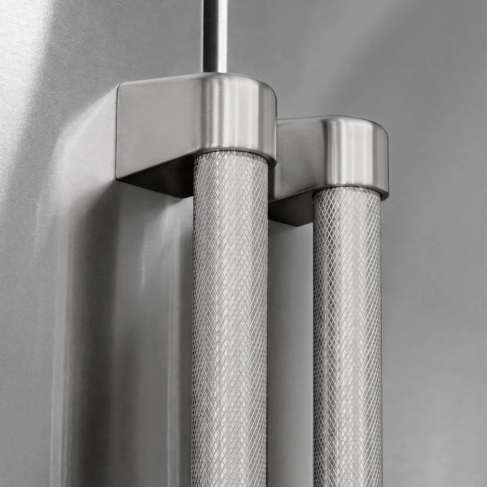 ZLINE 36 in. Built-In Refrigerator Helix Handles (Set of 3) in Stainless Steel (RBIVHZ-K-SS-36) on appliance showing diamond knurled details.