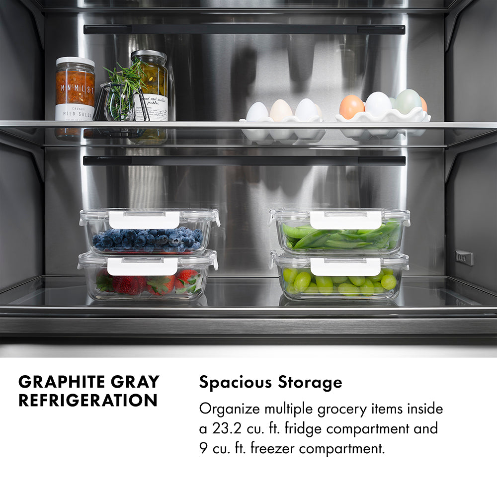 Graphite Gray Refrigeration Infographic. Spacious Storage. Text: Organize multiple grocery items inside a high-capacity fridge and freezer compartment.