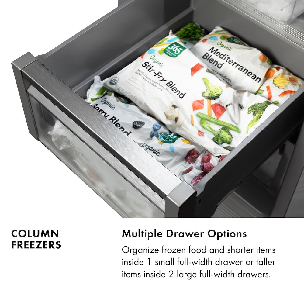 Column Freezers Infographic. Multiple Drawer Options. Text: Organize frozen food and shorter items inside 1 small full-width drawer or taller items inside 2 large full-width drawers.