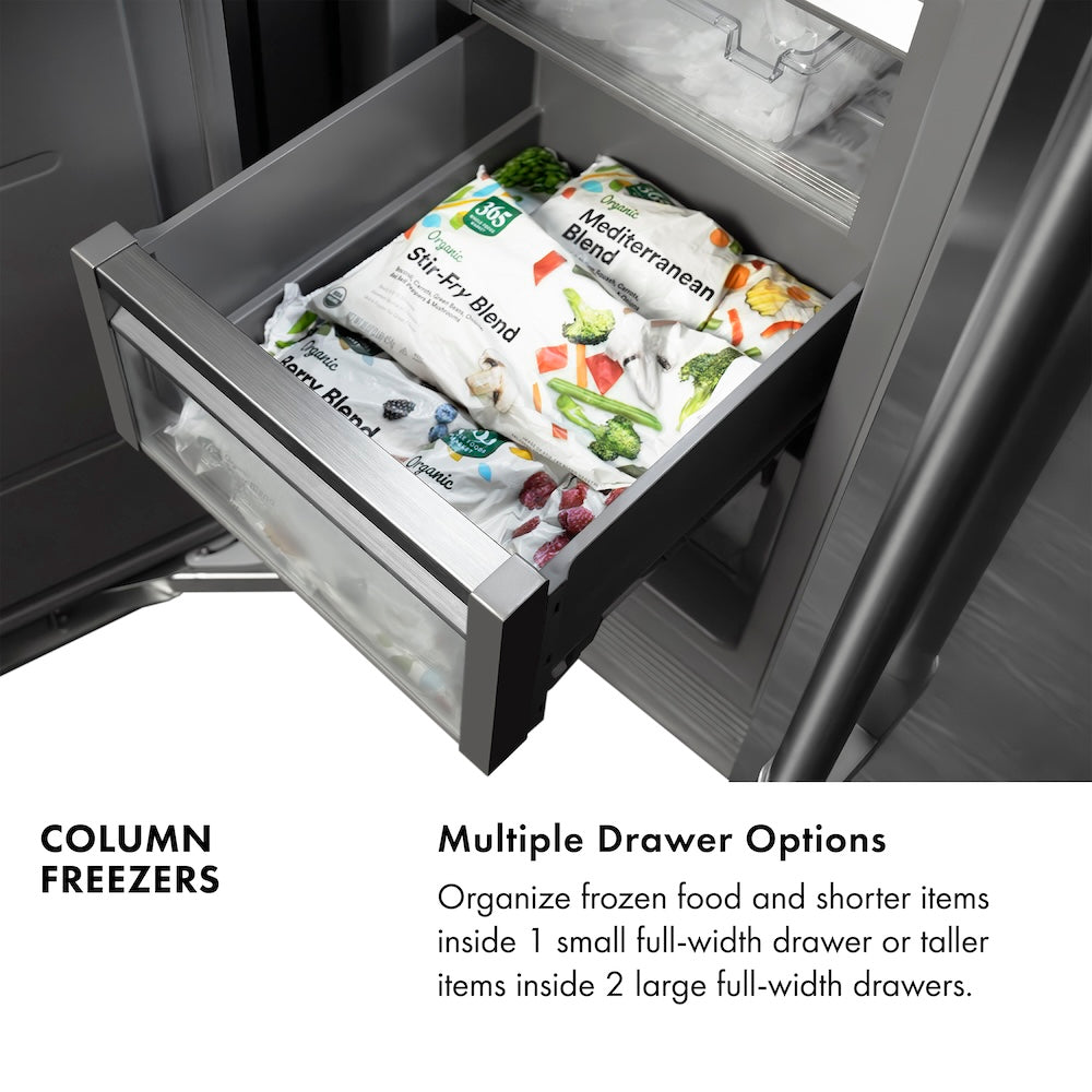 Column Freezers Infographic. Multiple Drawer Options. Text: Organize frozen food and shorter items inside 1 small full-width drawer or taller items inside 2 large full-width drawers.