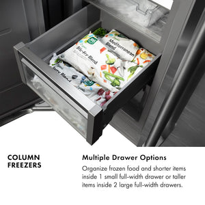 Column Freezers Infographic. Multiple Drawer Options. Text: Organize frozen food and shorter items inside 1 small full-width drawer or taller items inside 2 large full-width drawers.