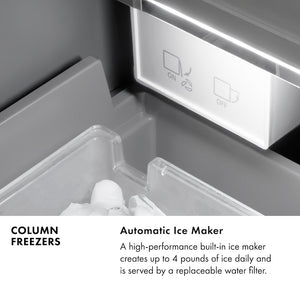 Column Freezers Infographic. Automatic Ice Maker. Text: A high-performance built-in ice maker creates yp to 4 pounds of ice daily and is served by a replaceable water filter.