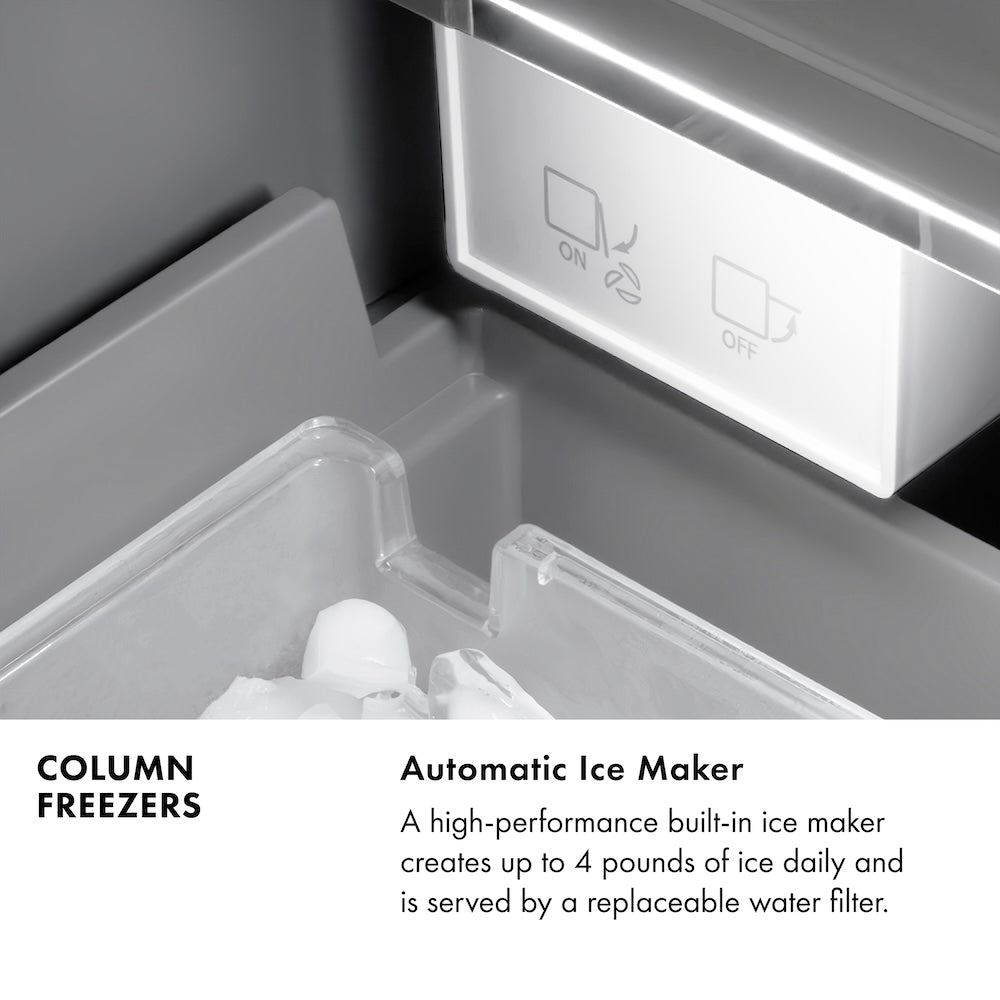 Column Freezers Infographic. Automatic Ice Maker. Text: A high-performance built-in ice maker creates yp to 4 pounds of ice daily and is served by a replaceable water filter.