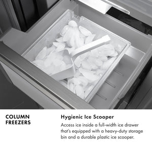 Column Freezers Infographic. Hygienic Ice scooper. Text: Access ice inside a full-width ice drawer that's equipped with a heavy-duty storage and a durable plastic ice scooper.