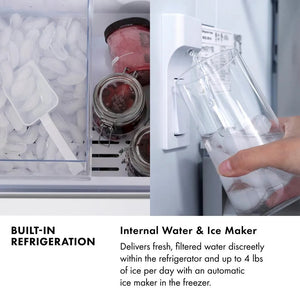 Built-in Refrigeration Infographic. Image: Internal water dispenser and ice maker. Text: Internal Water and Ice Maker. Delivers fresh, filtered water discreetly within the refrigerator and ice from an automatic ice dispenser in the freezer.