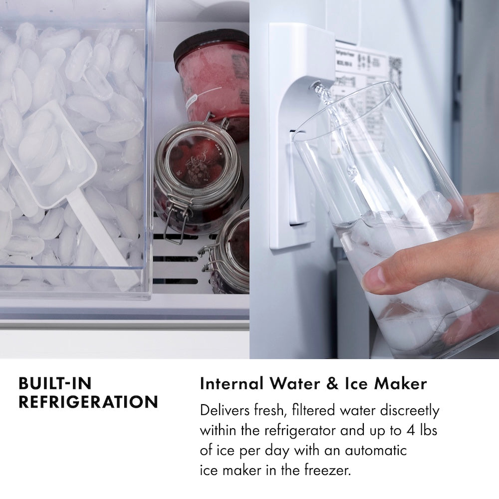 Built-in Refrigeration Infographic. Image: Internal water dispenser and ice maker. Text: Internal Water and Ice Maker. Delivers fresh, filtered water discreetly within the refrigerator and ice from an automatic ice dispenser in the freezer.