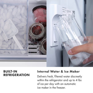 Built-in Refrigeration Infographic. Image: Internal water dispenser and ice maker. Text: Internal Water and Ice Maker. Delivers fresh, filtered water discreetly within the refrigerator and ice from an automatic ice dispenser in the freezer.