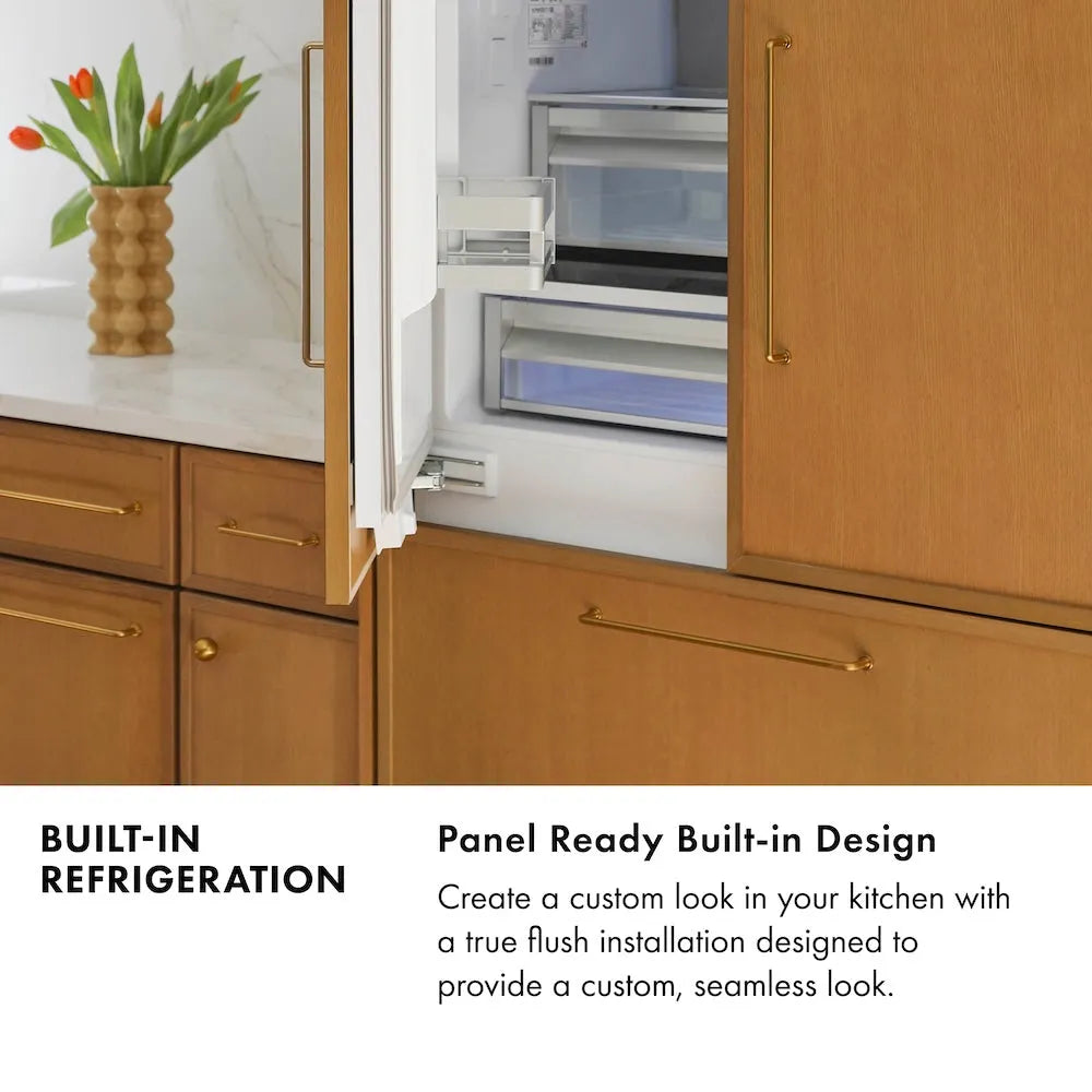 Built-in Refrigeration Infographic. Image: Built-in refrigerator with custom wood panels. Text: Panel Ready Built-in Design. Create a custom look in your kitchen with a true flush installation designed to provide a custom, seamless look.