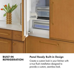 Built-in Refrigeration Infographic. Image: Built-in refrigerator with custom wood panels. Text: Panel Ready Built-in Design. Create a custom look in your kitchen with a true flush installation designed to provide a custom, seamless look.