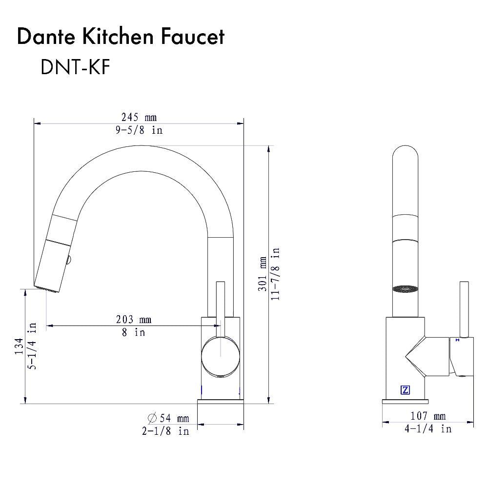 ZLINE Dante Pull Down Kitchen Faucet in Champagne Bronze (DNT-KF-CB) dimensional diagram.