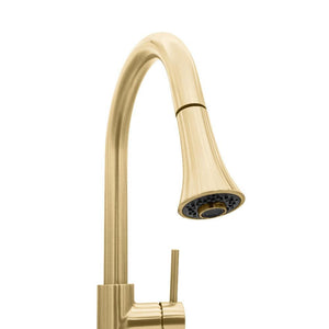 ZLINE Edison Pull Down Single Handle Kitchen Faucet in Champagne Bronze (EDS-KF-CB) pull down spray wand close-up.