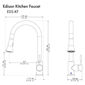 ZLINE Edison Pull Down Single Handle Kitchen Faucet in Champagne Bronze (EDS-KF-CB) dimensional diagram.