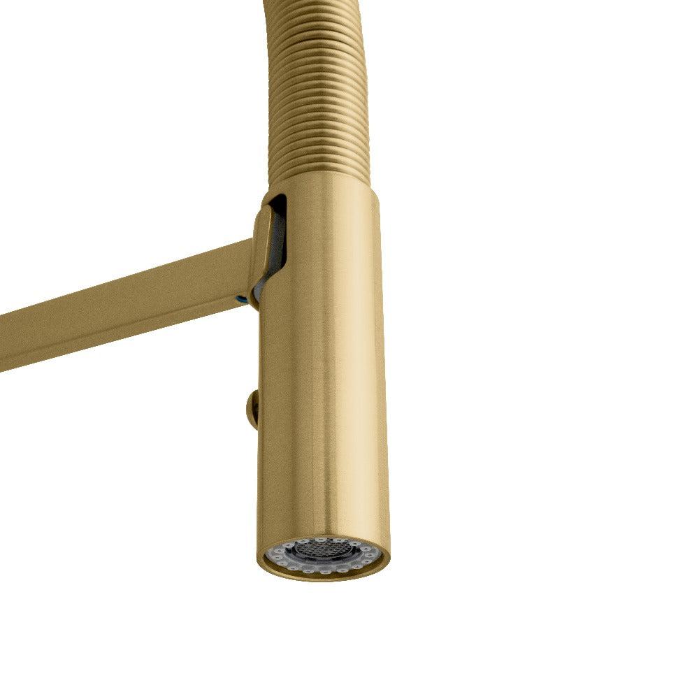 ZLINE Incline Pull Down Kitchen Faucet in Champagne Bronze (INC-KF-CB) pull down spray wand close-up.