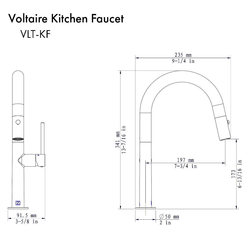 ZLINE Voltaire Pull Down Kitchen Faucet in Champagne Bronze (VLT-KF-CB) dimensional diagram.