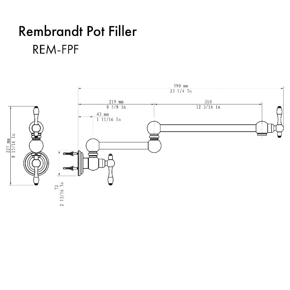 ZLINE Rembrandt Pot Filler in Champagne Bronze (REM-FPF-CB) dimensional diagram.