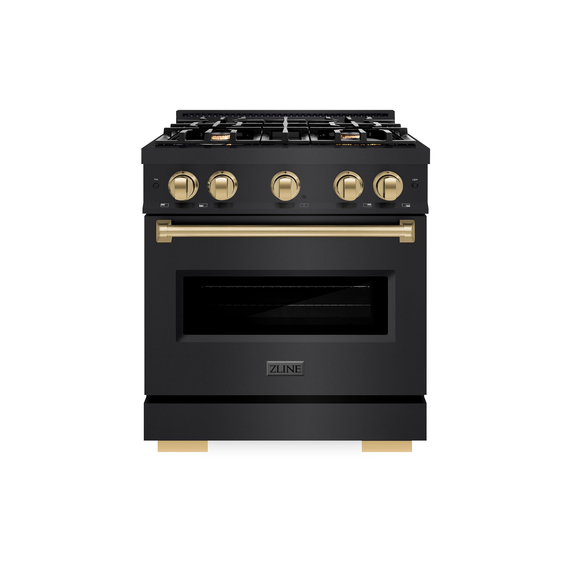 ZLINE Autograph Edition 30 in. 4.2 cu. ft. Classic Gas Range with 4 Burner Cooktop and Convection Gas Oven in Black Stainless Steel and Champagne Bronze Accents (CGRBZ-30-CB) front.