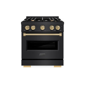 ZLINE Autograph Edition 30 in. 4.2 cu. ft. Classic Gas Range with 4 Burner Cooktop and Convection Gas Oven in Black Stainless Steel and Champagne Bronze Accents (CGRBZ-30-CB) front, oven closed.