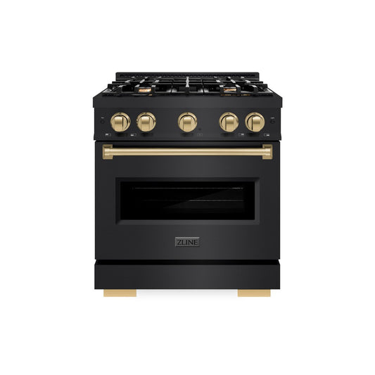 ZLINE Autograph Edition 30 in. 4.2 cu. ft. Classic Gas Range with 4 Burner Cooktop and Convection Gas Oven in Black Stainless Steel and Champagne Bronze Accents (CGRBZ-30-CB) front, oven closed.