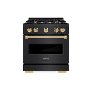 ZLINE Autograph Edition 30 in. 4.2 cu. ft. Classic Gas Range with 4 Burner Cooktop and Convection Gas Oven in Black Stainless Steel and Champagne Bronze Accents (CGRBZ-30-CB) front.