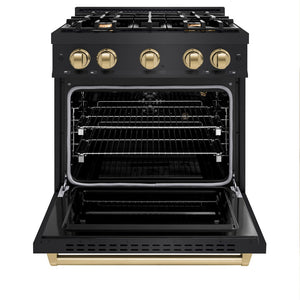 ZLINE Autograph Edition 30 in. 4.2 cu. ft. Classic Gas Range with 4 Burner Cooktop and Convection Gas Oven in Black Stainless Steel and Champagne Bronze Accents (CGRBZ-30-CB) front, oven open.