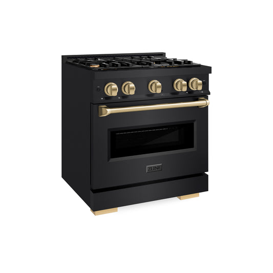 ZLINE Autograph Edition 30 in. 4.2 cu. ft. Classic Gas Range with 4 Burner Cooktop and Convection Gas Oven in Black Stainless Steel and Champagne Bronze Accents (CGRBZ-30-CB)