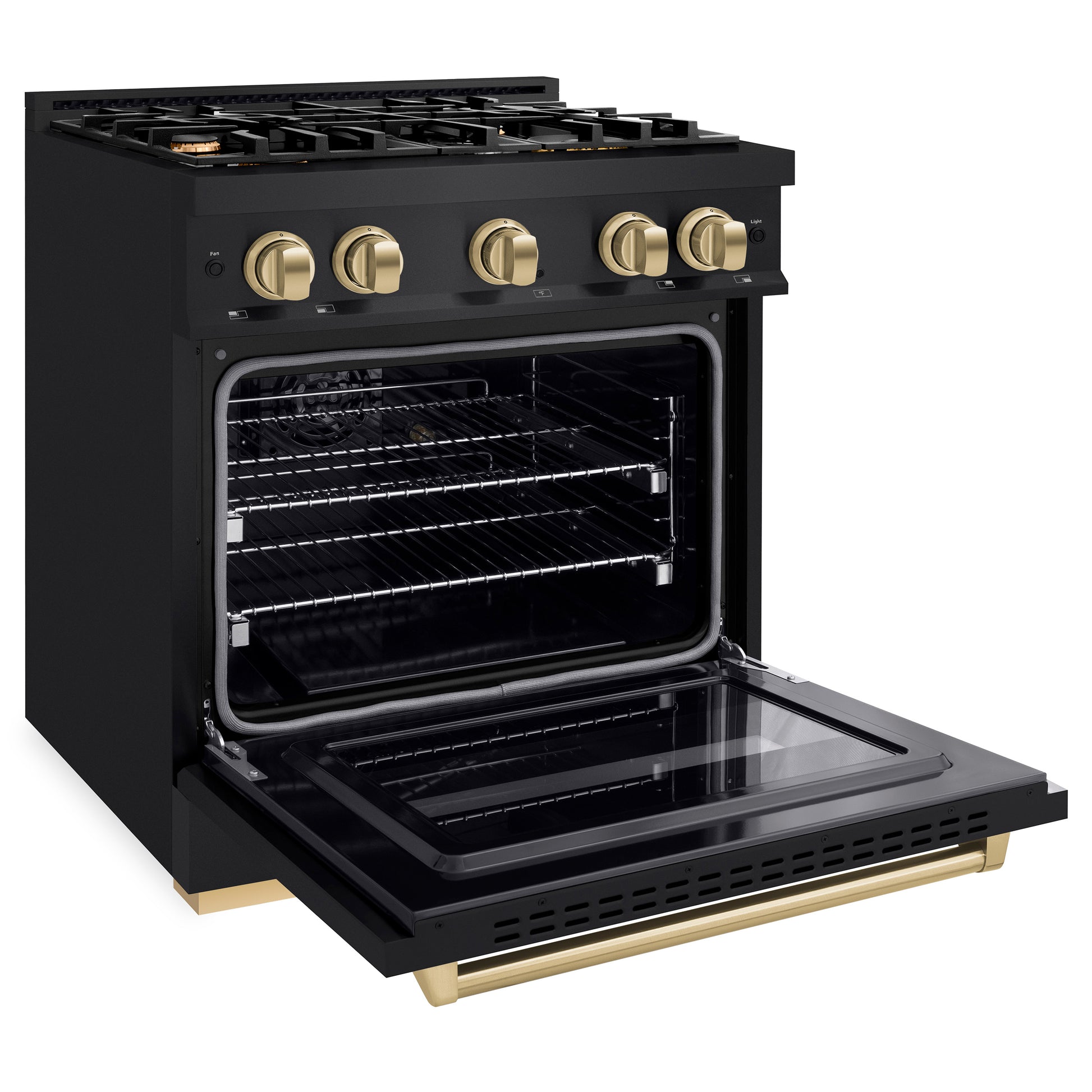 ZLINE Autograph Edition 30 in. 4.2 cu. ft. Classic Gas Range with 4 Burner Cooktop and Convection Gas Oven in Black Stainless Steel and Champagne Bronze Accents (CGRBZ-30-CB) side, open.