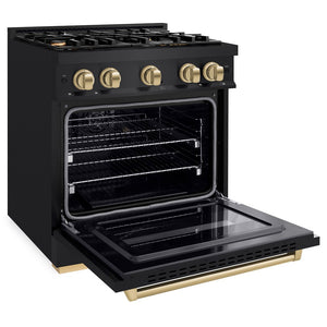 ZLINE Autograph Edition 30 in. 4.2 cu. ft. Classic Gas Range with 4 Burner Cooktop and Convection Gas Oven in Black Stainless Steel and Champagne Bronze Accents (CGRBZ-30-CB) side, oven open.