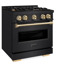 ZLINE Autograph Edition 30 in. 4.2 cu. ft. Classic Gas Range with 4 Burner Cooktop and Convection Gas Oven in Black Stainless Steel and Champagne Bronze Accents (CGRBZ-30-CB) side, closed.