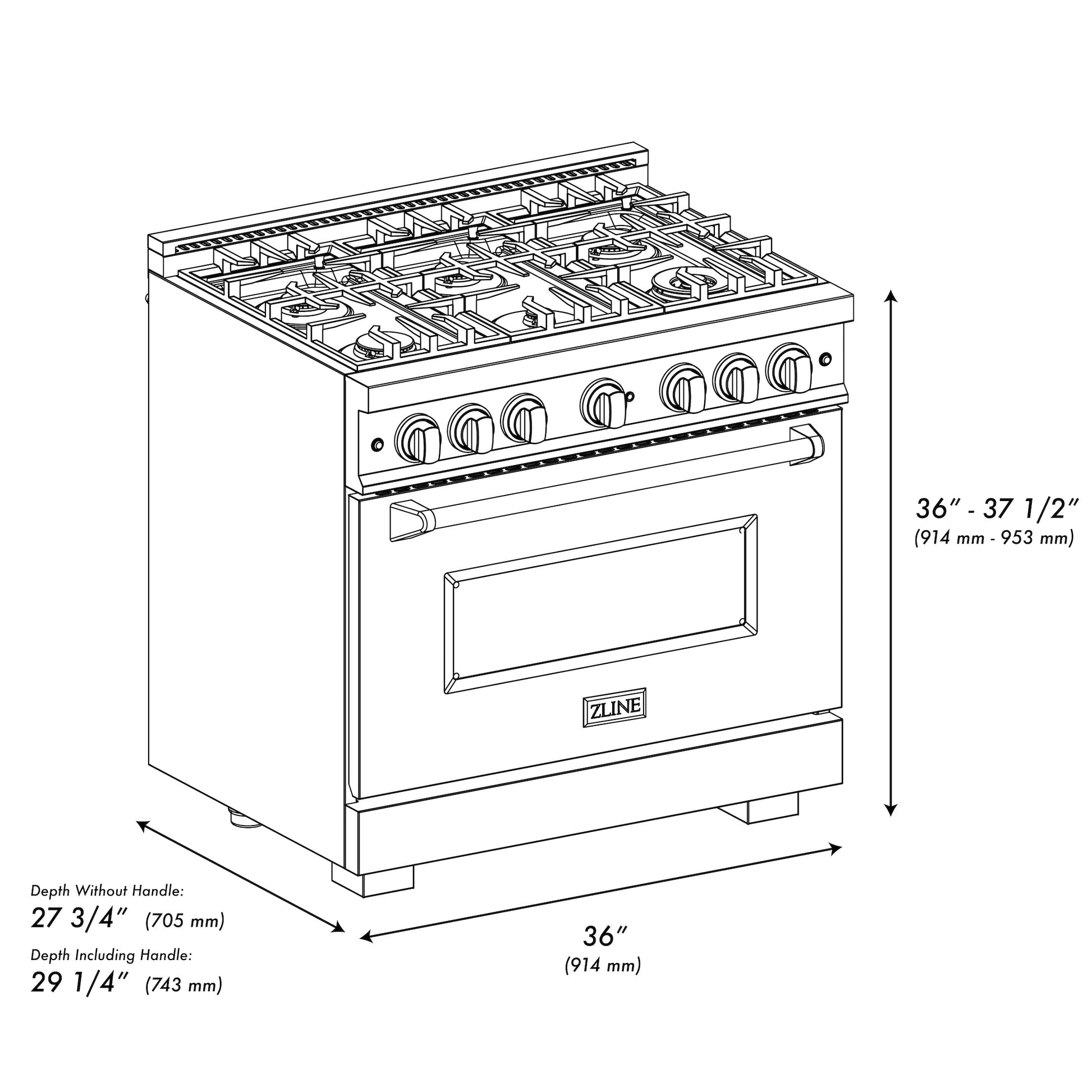 ZLINE 36 in. 5.2 cu. ft. Classic Dual Fuel Range with 6 Burner Gas Cooktop and Electric Convection Oven in Black Stainless Steel (CDRB-36) dimensional diagram.