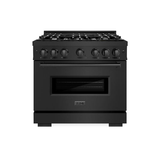 ZLINE 36 in. 5.2 cu. ft. Classic Dual Fuel Range with 6 Burner Gas Cooktop and Electric Convection Oven in Black Stainless Steel (CDRB-36) front.