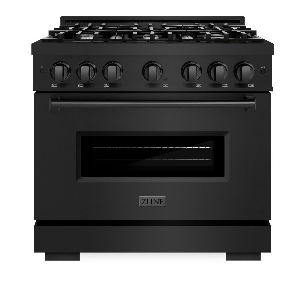 ZLINE 36 in. 5.2 cu. ft. Classic Dual Fuel Range with 6 Burner Gas Cooktop and Electric Convection Oven in Black Stainless Steel (CDRB-36) front, oven closed.