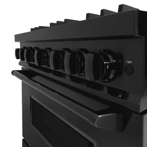 ZLINE 36 in. 5.2 cu. ft. Classic Dual Fuel Range with 6 Burner Gas Cooktop and Electric Convection Oven in Black Stainless Steel (CDRB-36) oven and cooktop knobs.