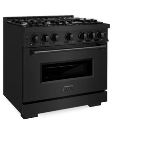 ZLINE 36 in. 5.2 cu. ft. Classic Dual Fuel Range with 6 Burner Gas Cooktop and Electric Convection Oven in Black Stainless Steel (CDRB-36) side, oven closed.