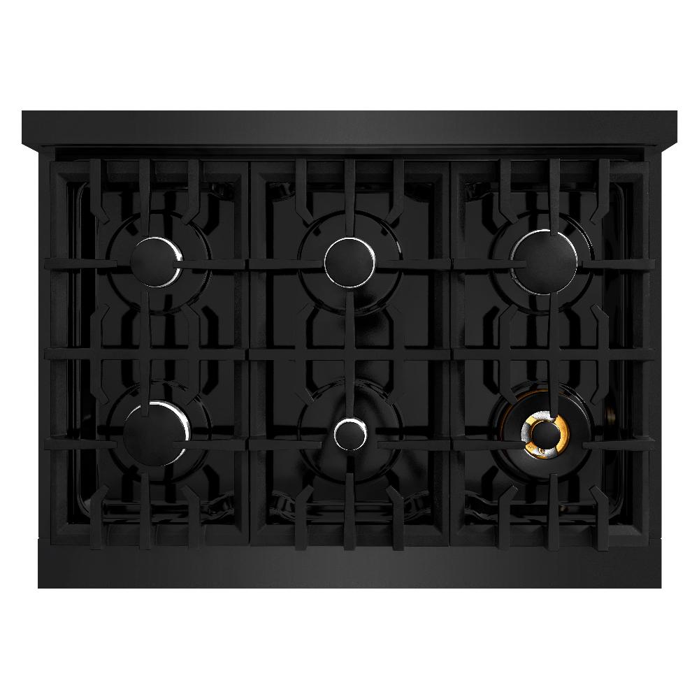 ZLINE 36 in. 5.2 cu. ft. Classic Dual Fuel Range with 6 Burner Gas Cooktop and Electric Convection Oven in Black Stainless Steel (CDRB-36) top-down, above cooktop.