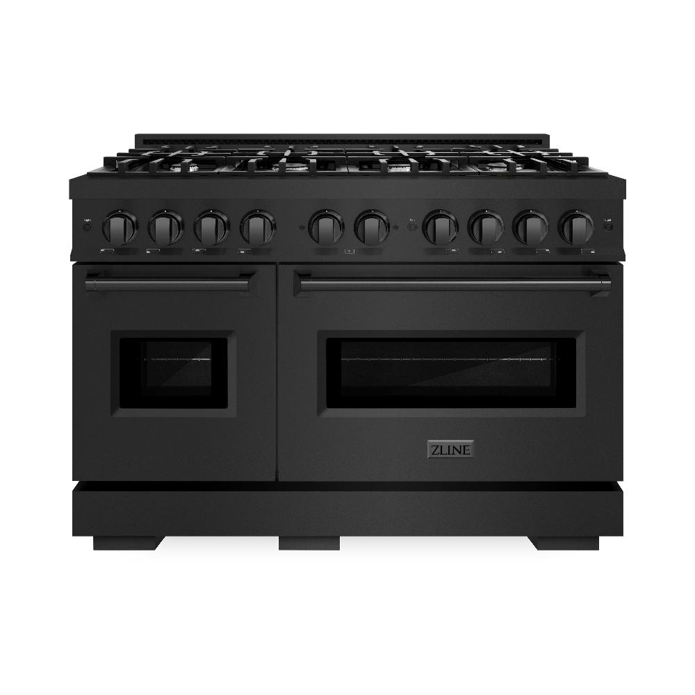 ZLINE 48 in. 6.7 cu. ft. Classic Double Oven Dual Fuel Range with 8 Burner Gas Cooktop in Black Stainless Steel (CDRB-48) front.