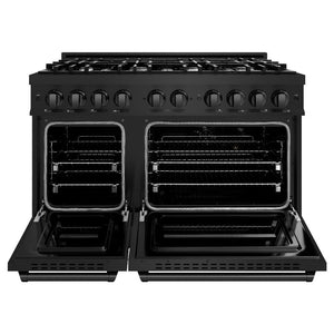 ZLINE 48 in. 6.7 cu. ft. Classic Double Oven Dual Fuel Range with 8 Burner Gas Cooktop in Black Stainless Steel (CDRB-48) front, oven open.