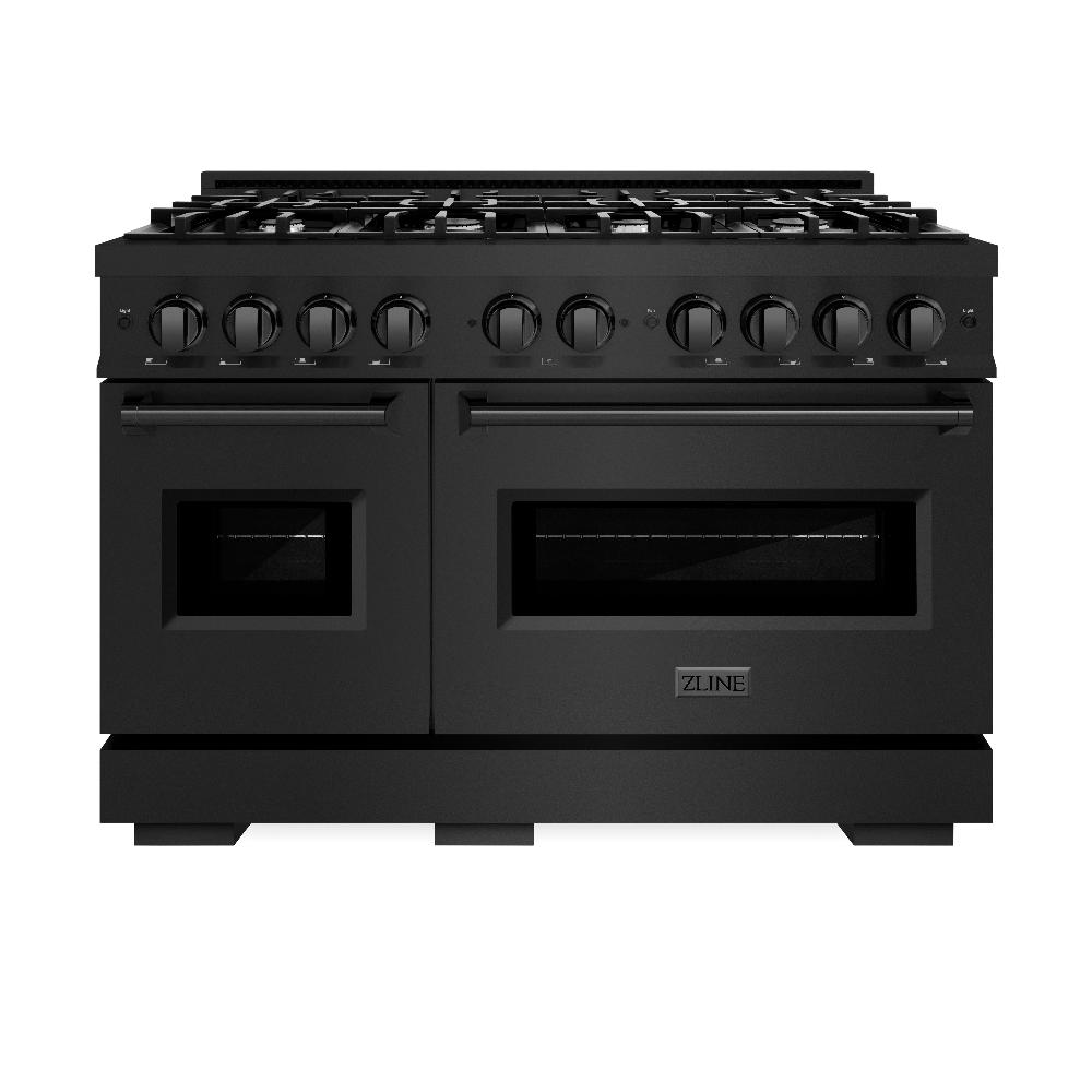 ZLINE 48 in. 6.7 cu. ft. Classic Double Oven Dual Fuel Range with 8 Burner Gas Cooktop in Black Stainless Steel (CDRB-48) front, oven closed.