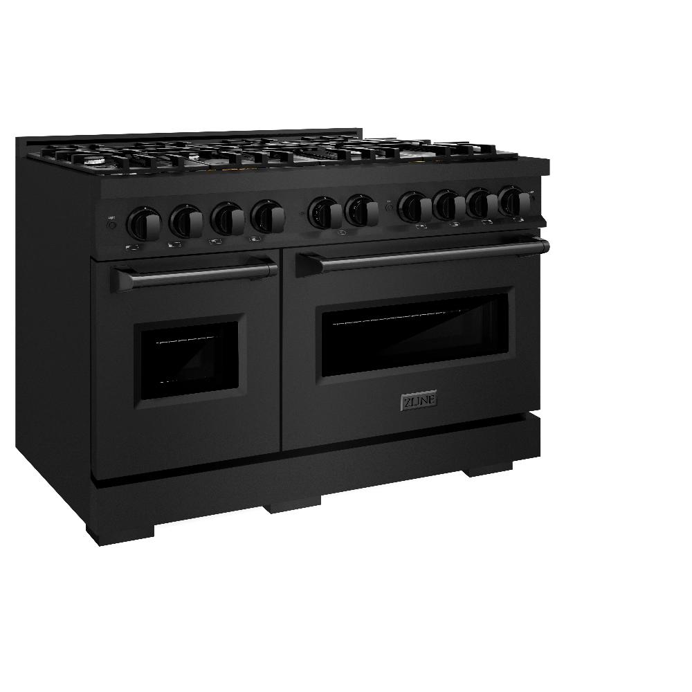 ZLINE 48 in. 6.7 cu. ft. Classic Double Oven Dual Fuel Range with 8 Burner Gas Cooktop in Black Stainless Steel (CDRB-48) side, oven closed.