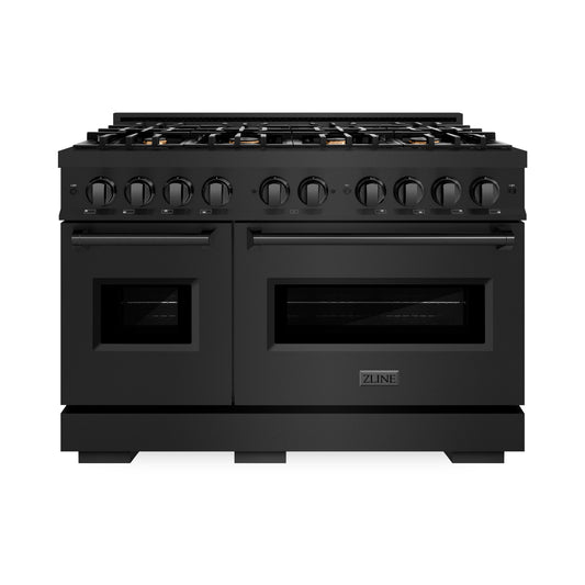 ZLINE 48 in. 6.7 cu. ft. Classic Double Oven Dual Fuel Range in Black Stainless Steel with 8 Brass Burners (CDRB-BR-48) front.