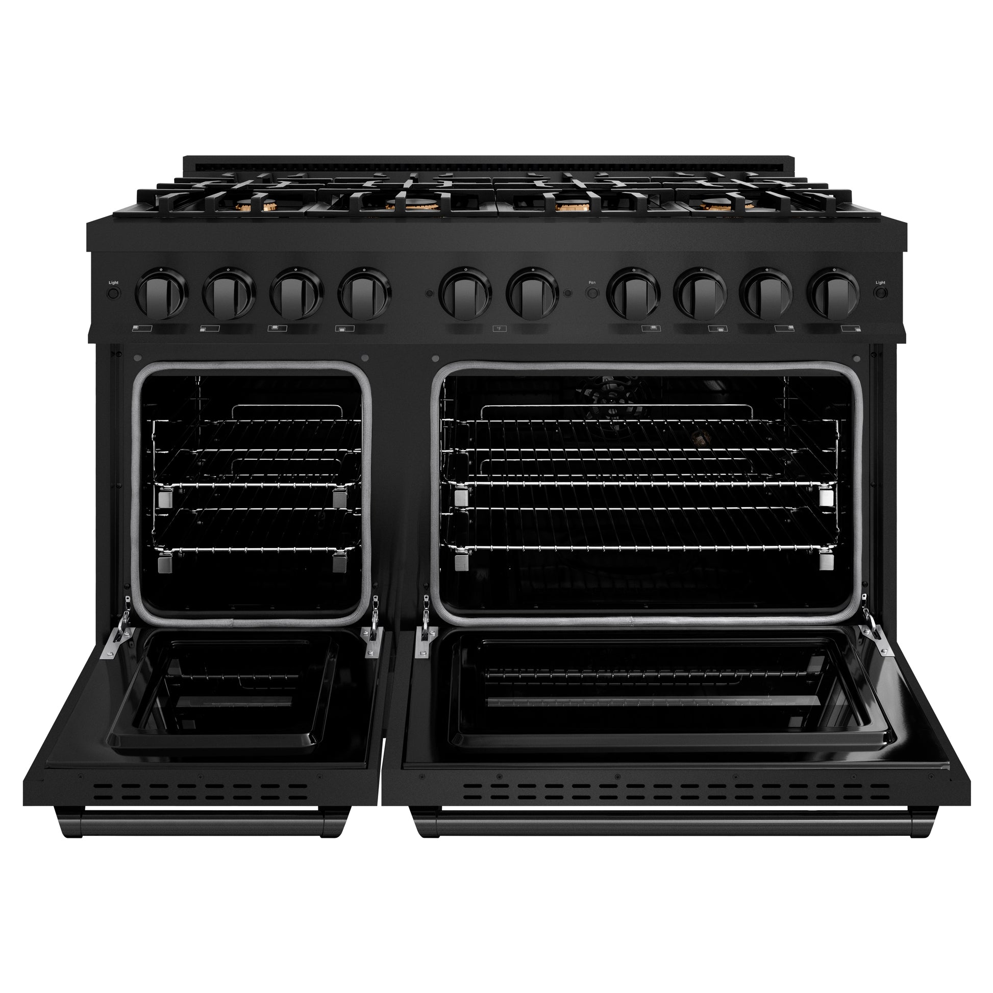 ZLINE 48 in. 6.7 cu. ft. Classic Double Oven Dual Fuel Range in Black Stainless Steel with 8 Brass Burners (CDRB-BR-48) front, oven open.