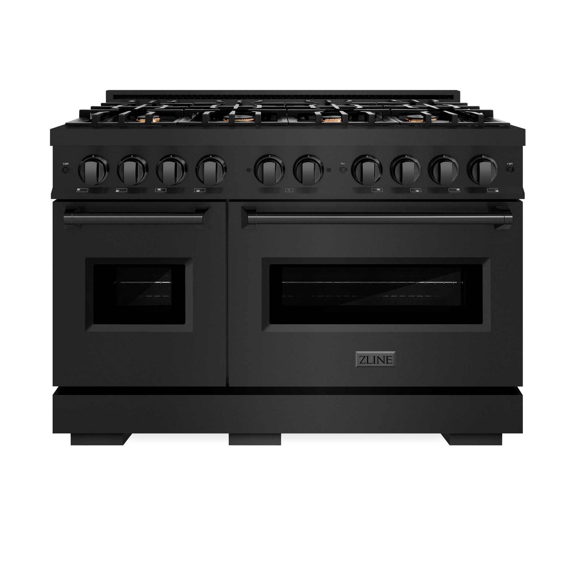 ZLINE 48 in. 6.7 cu. ft. Classic Double Oven Dual Fuel Range in Black Stainless Steel with 8 Brass Burners (CDRB-BR-48) front, oven closed.