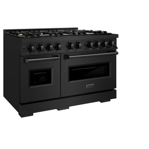 ZLINE 48 in. 6.7 cu. ft. Classic Double Oven Dual Fuel Range in Black Stainless Steel with 8 Brass Burners (CDRB-BR-48) side, oven closed.