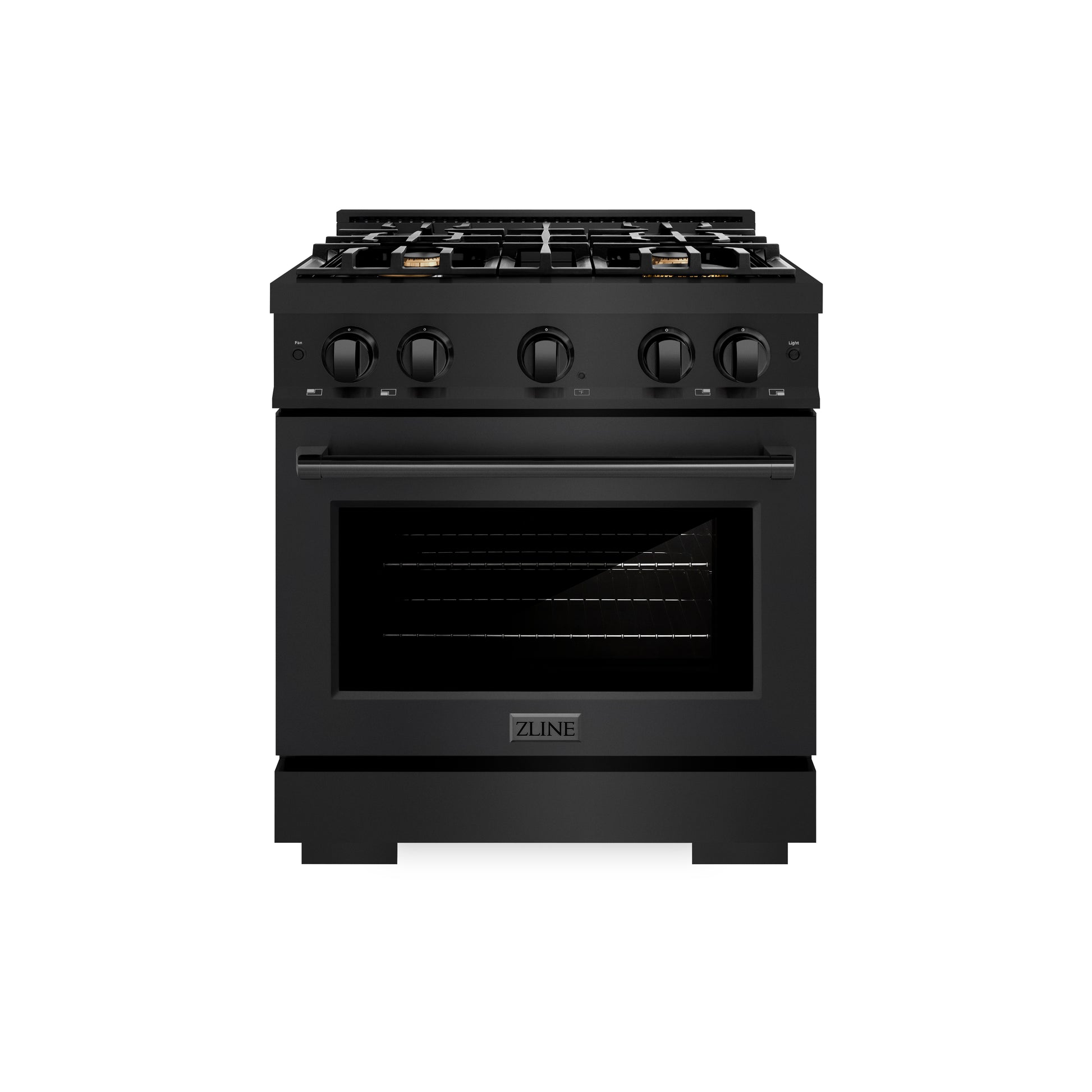 ZLINE 30 in. 4.2 cu. ft. Select Dual Fuel Range with Gas Cooktop and Electric Convection Oven in Black Stainless Steel with 4 Brass Burners (HDRB-BR-30) front.