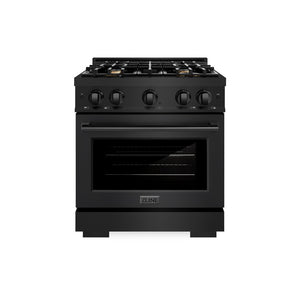 ZLINE 30 in. 4.2 cu. ft. Select Dual Fuel Range with Gas Cooktop and Electric Convection Oven in Black Stainless Steel with 4 Brass Burners (HDRB-BR-30) front, oven closed.