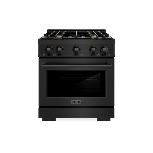 ZLINE 30 in. 4.2 cu. ft. Select Dual Fuel Range with Gas Cooktop and Electric Convection Oven in Black Stainless Steel with 4 Brass Burners (HDRB-BR-30) front, oven closed.