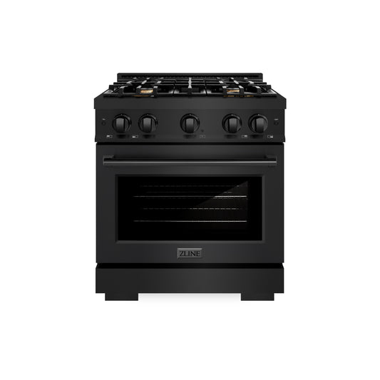 ZLINE 30 in. 4.2 cu. ft. Select Dual Fuel Range with Gas Cooktop and Electric Convection Oven in Black Stainless Steel with 4 Brass Burners (HDRB-BR-30) front.