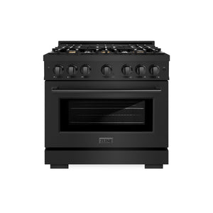 ZLINE 36 in. 5.2 cu. ft. Select Dual Fuel Range with Gas Cooktop and Electric Convection Oven in Black Stainless Steel with 6 Brass Burners (HDRB-BR-36) front.